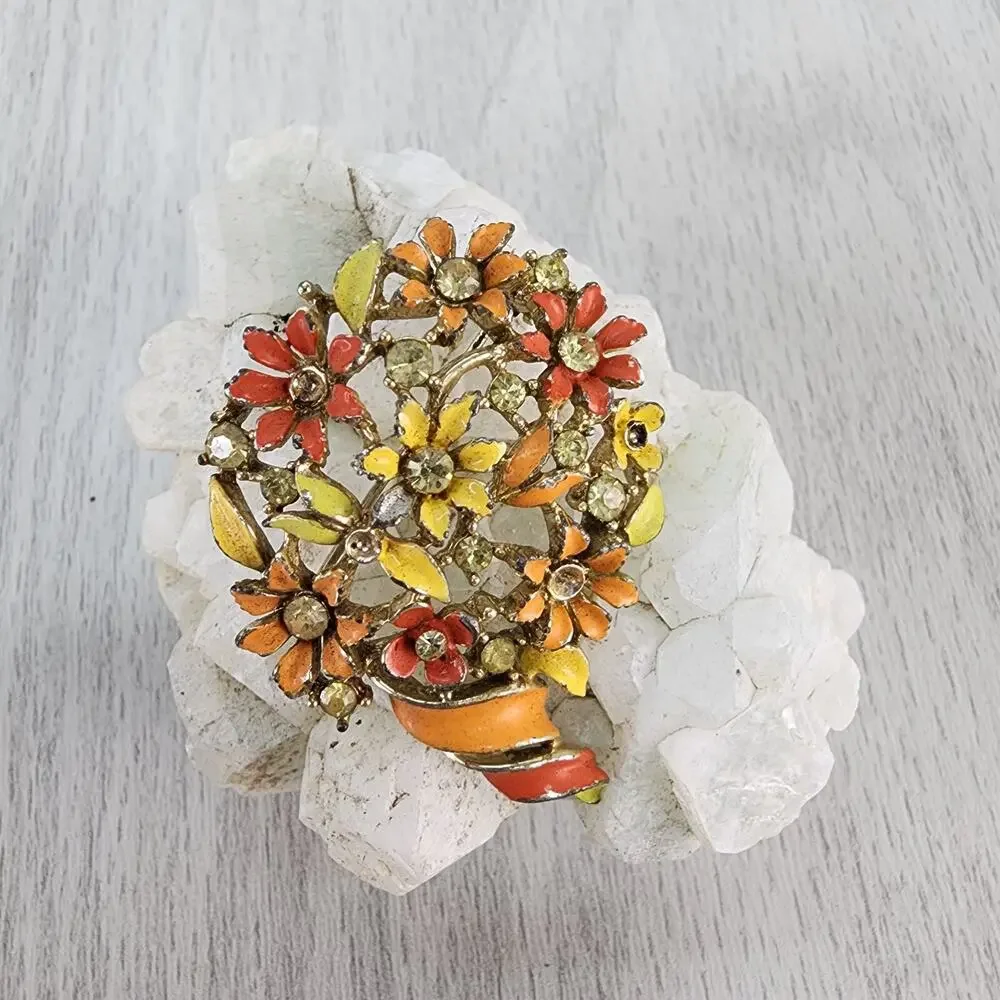 Vintage Brooch Lisner Signed Enamel Floral Rhinestone Flower Summer Hippie FLAWS